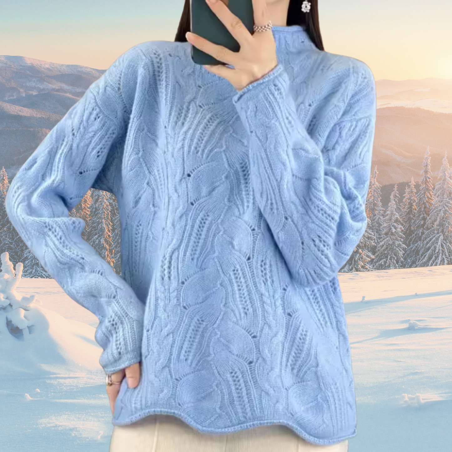 Women’s Cable Knit Turtleneck Sweater with Intricate Open-Work Texture Detail