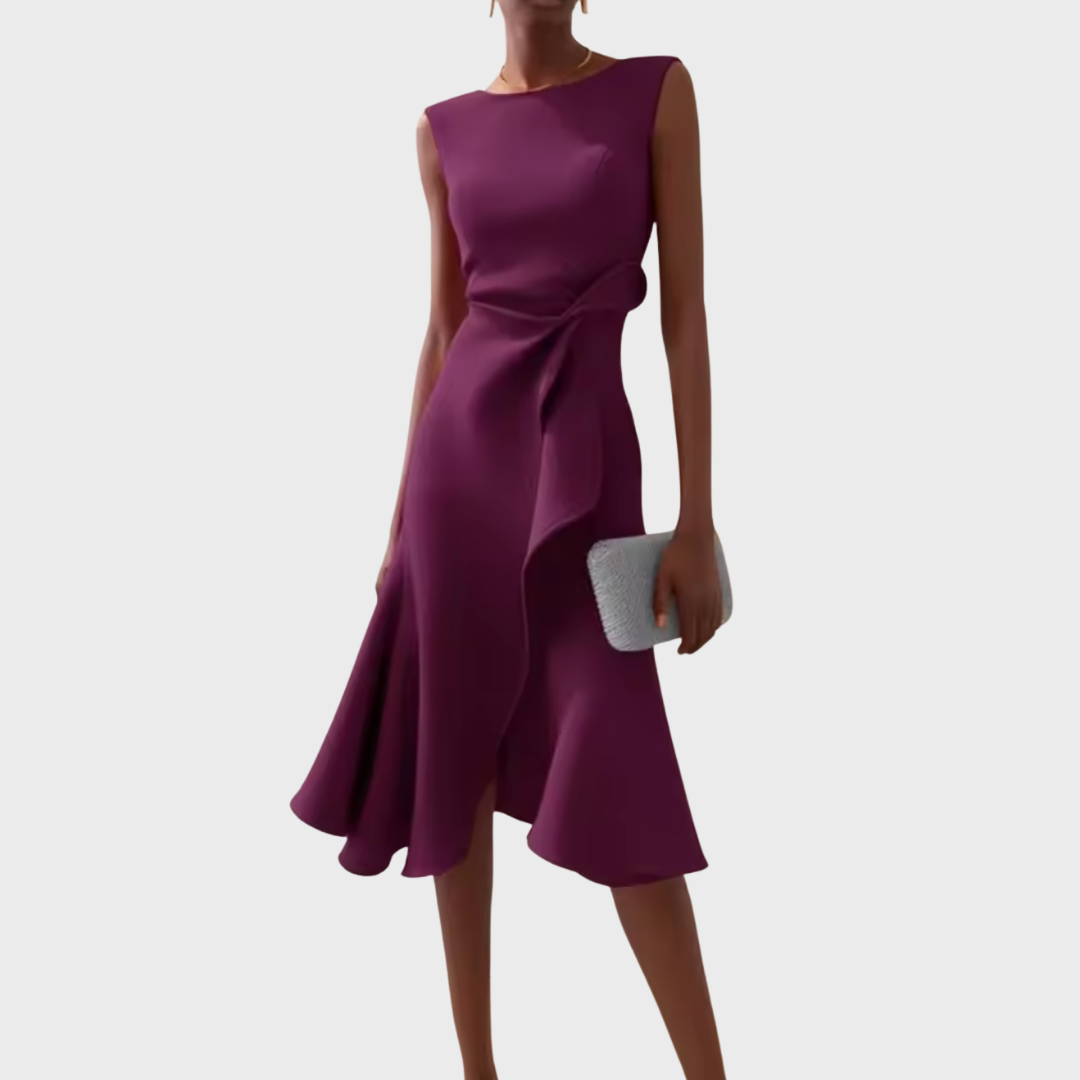 Women’s Draped Asymmetric Midi Dress with Sleeveless Ruffle Front and Tailored Fit
