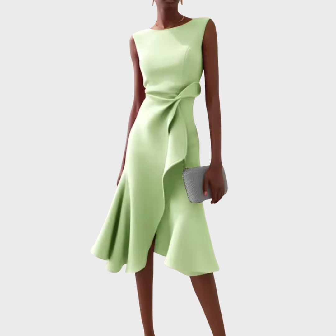 Women’s Midi Dress with Asymmetric Draped Ruffle and Sleeveless Fit