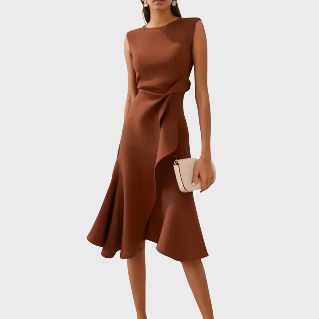 Women’s Draped Asymmetric Midi Dress with Sleeveless Ruffle Front and Tailored Fit