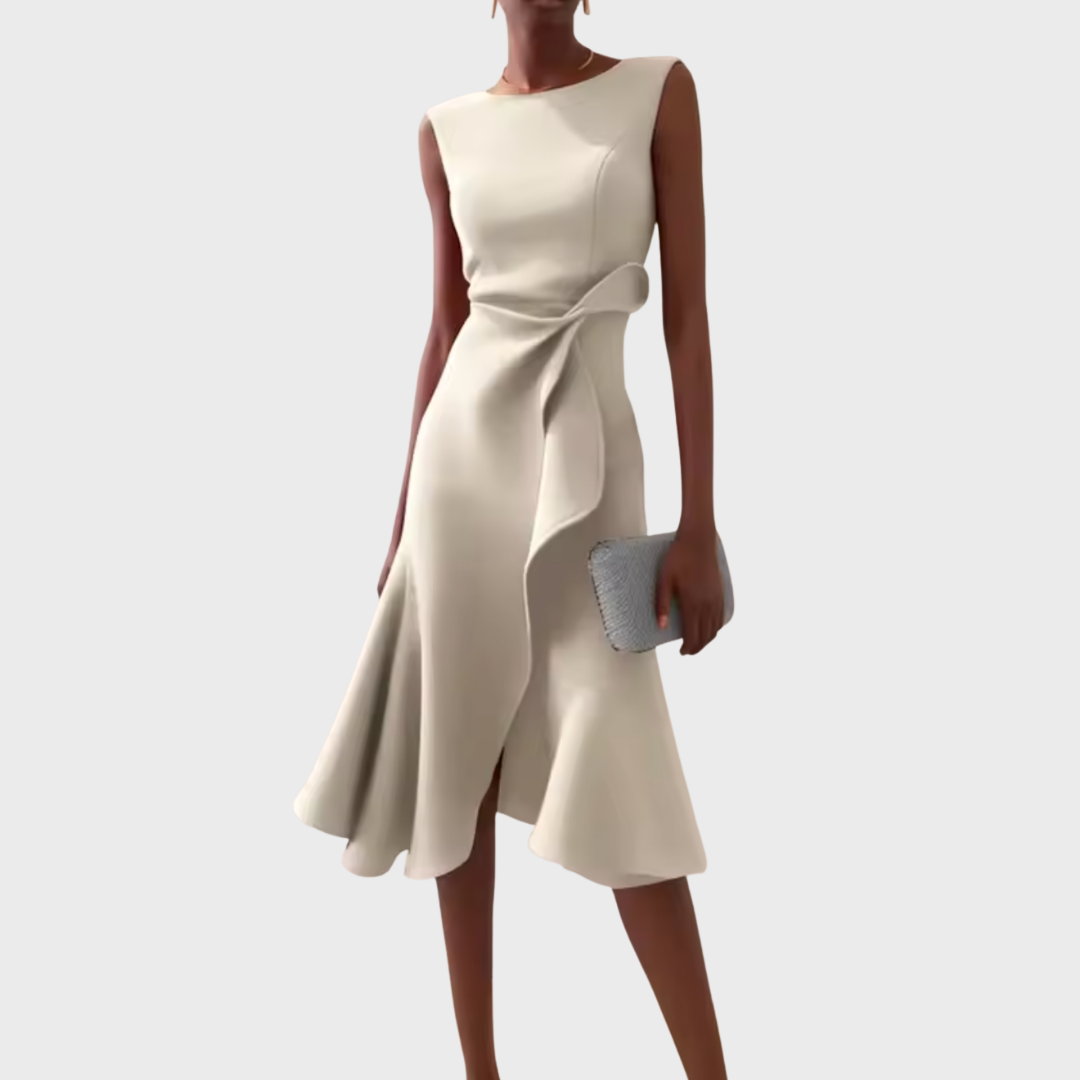 Women’s Midi Dress with Asymmetric Draped Ruffle and Sleeveless Fit