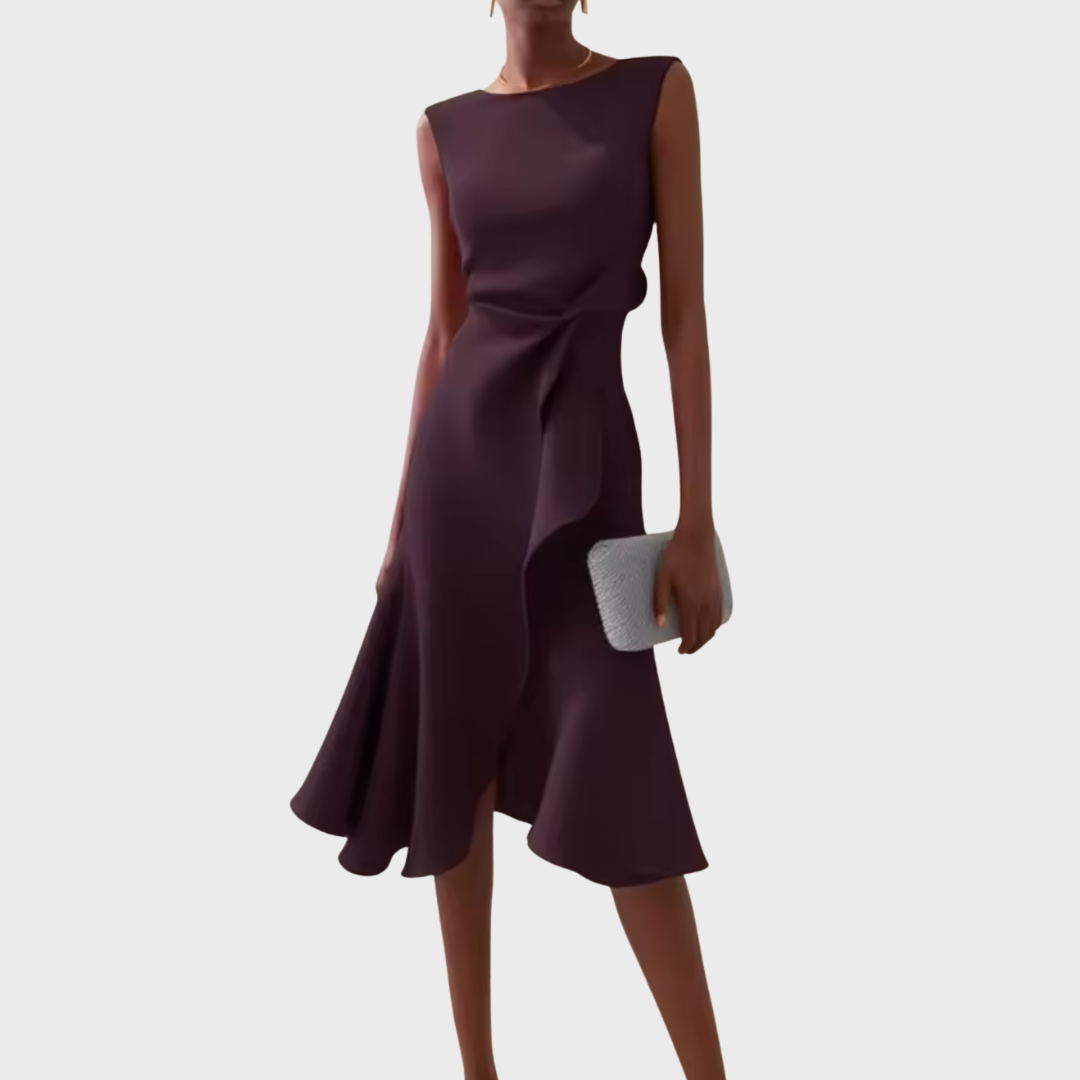 Women’s Midi Dress with Asymmetric Draped Ruffle and Sleeveless Fit
