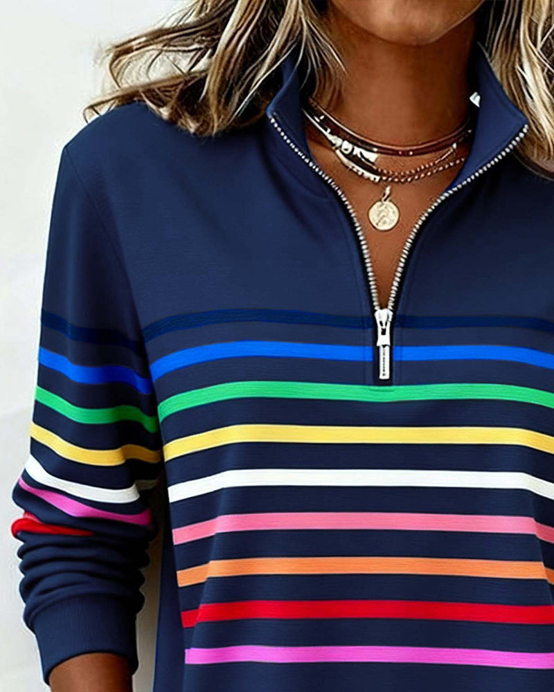 Women's Striped Zip-Neck Knit Sweater With Long Sleeves