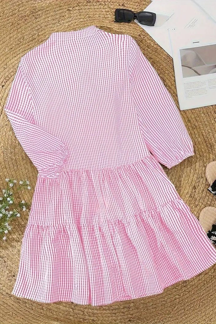 Women's Mini Dress Gingham Print Button Down 3/4 Sleeve Tiered Smock