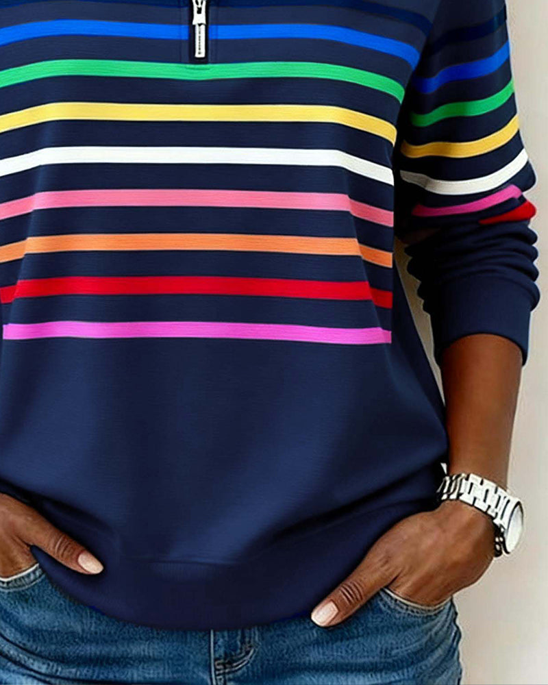 Women's Striped Zip-Neck Knit Sweater With Long Sleeves