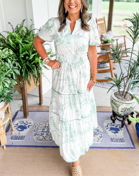 Women’s Maxi Dress with Toile de Jouy Print and Smocked Waist