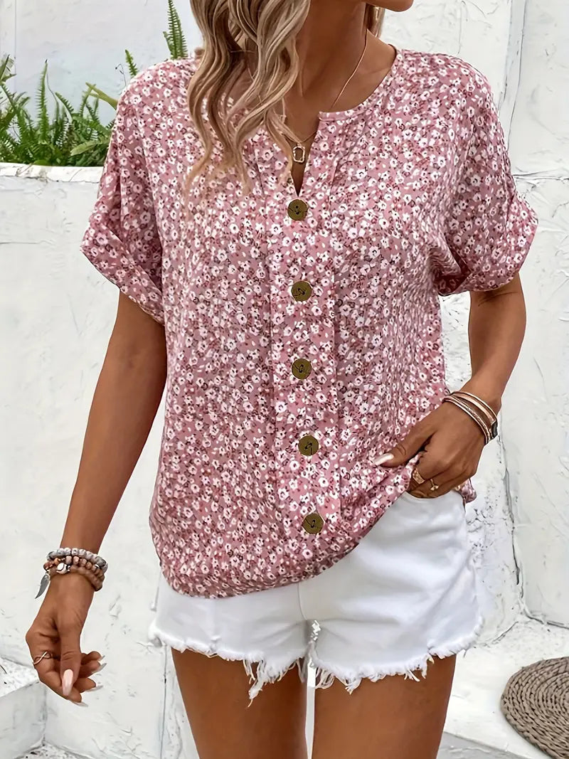 Women’s Short Sleeve Floral Blouse with Split V-Neck and Button-Down Front