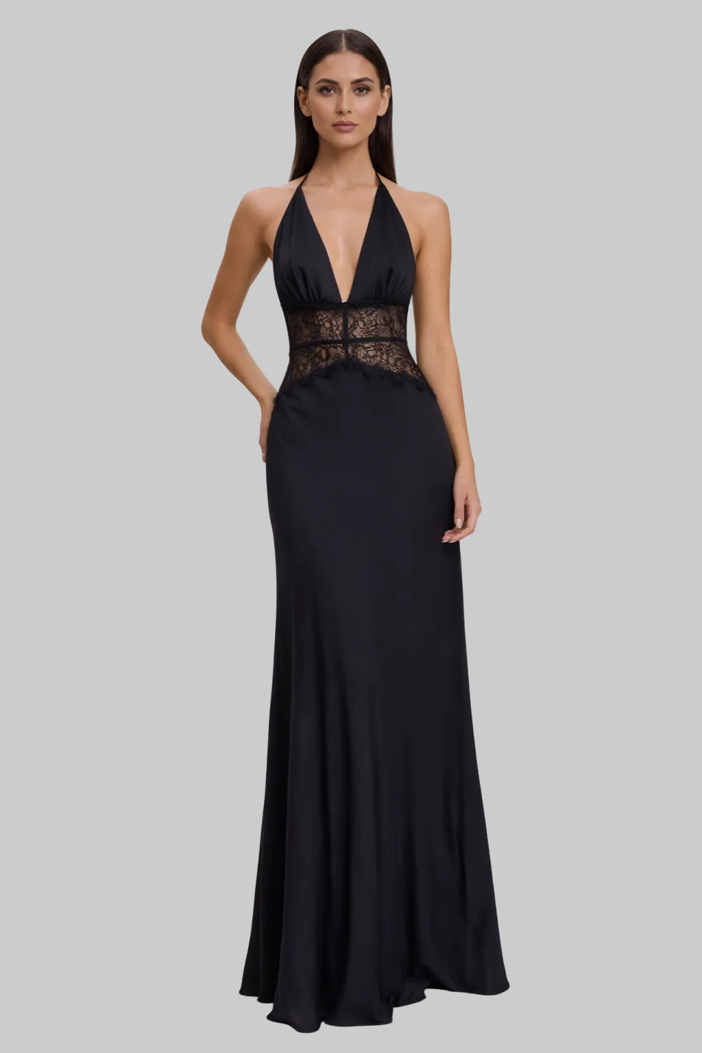 Women’s Maxi Dress with Plunging Halter Neckline and Sheer Lace Midriff