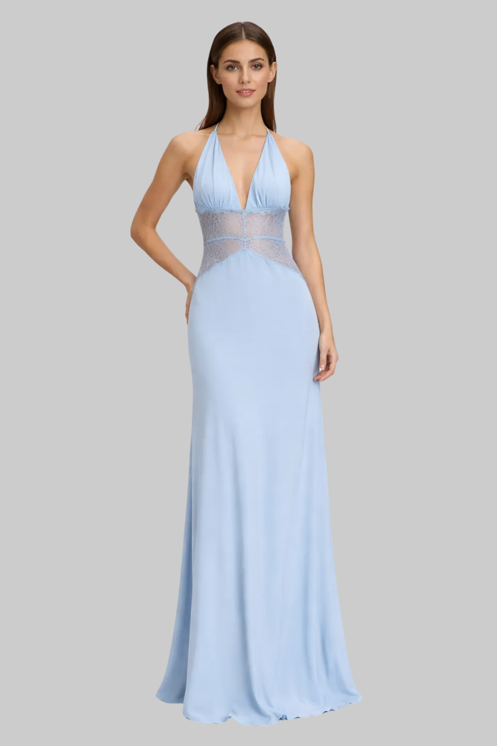 Women’s Maxi Dress with Plunging Halter Neckline and Sheer Lace Midriff