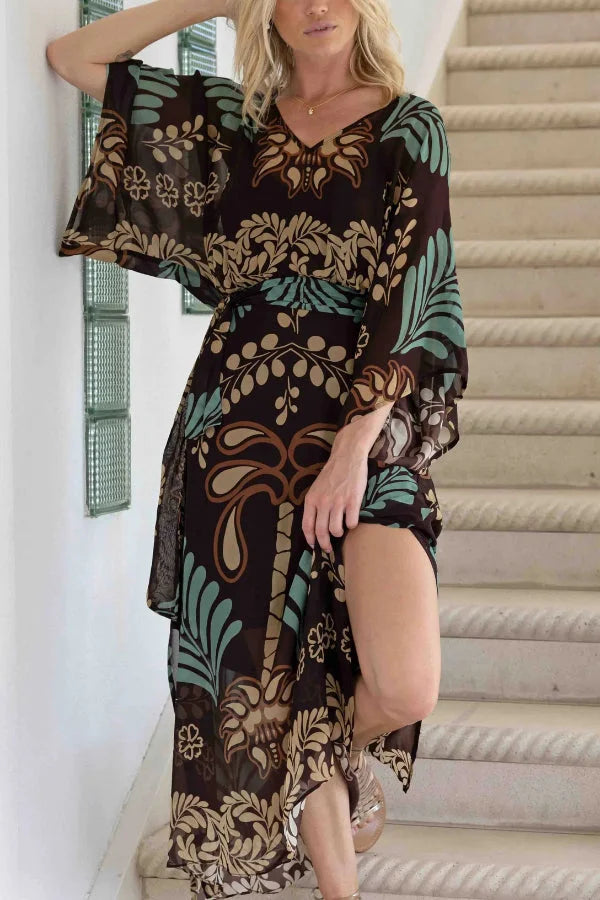 Women’s Chiffon Maxi Kaftan with Bohemian Palm Print and Adjustable Waist Belt