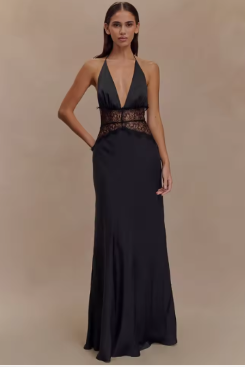 Women’s Maxi Dress with Plunging Halter Neckline and Sheer Lace Midriff