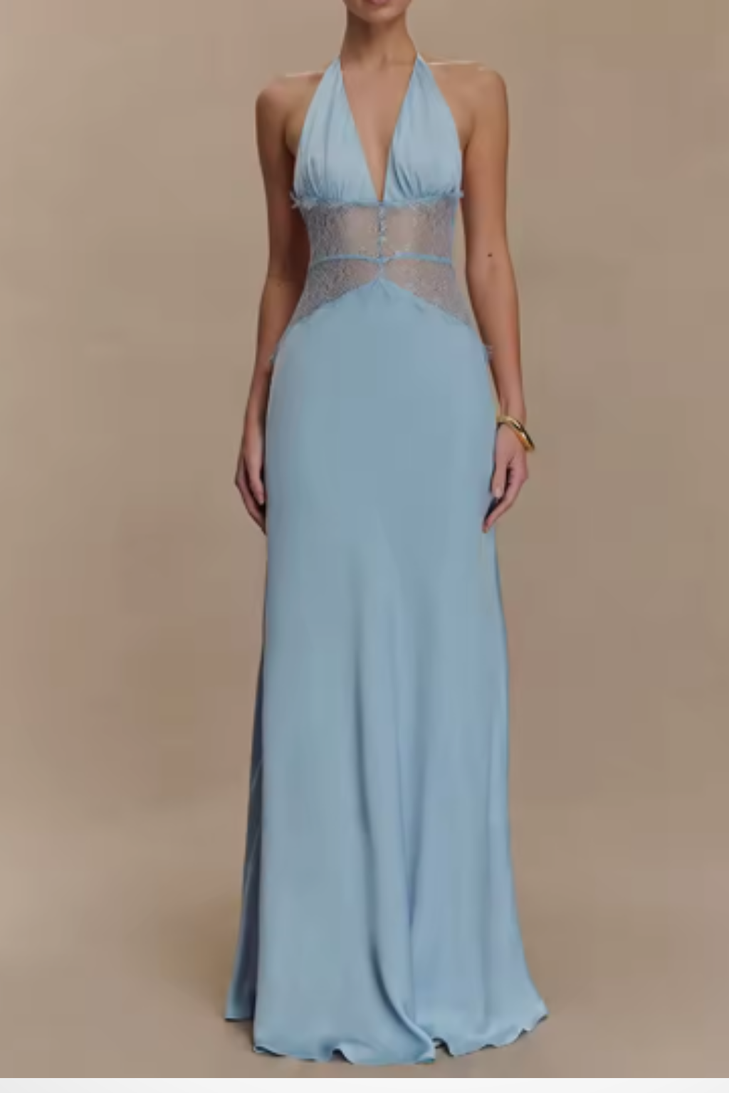 Women’s Maxi Dress with Plunging Halter Neckline and Sheer Lace Midriff