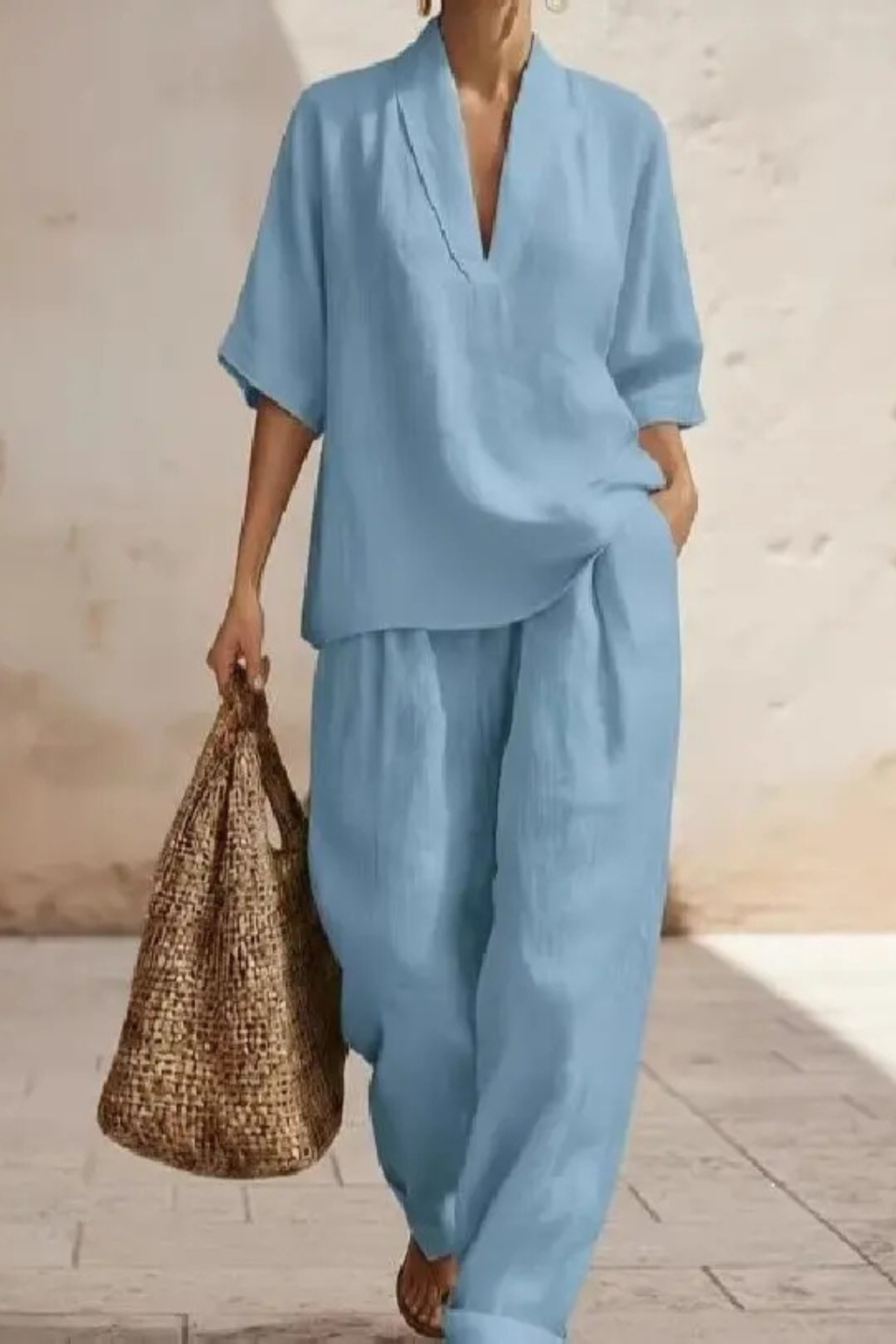 Women’s Linen Co-Ord Set with V-Neck Tunic Top and Wide Leg Trousers