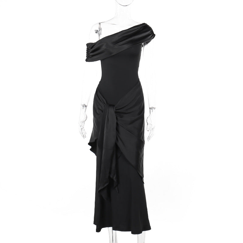 Women’s Off the Shoulder Maxi Dress with Draped Front Knot Detail