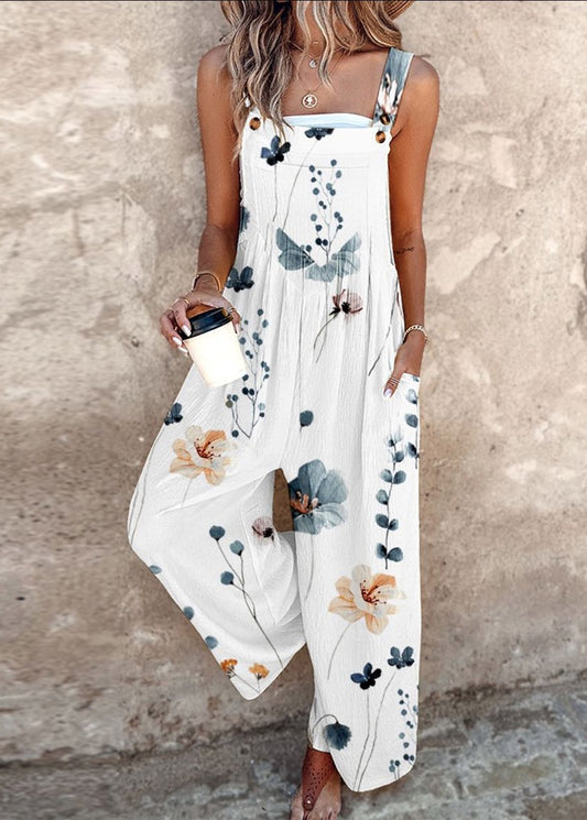 Women’s Floral Jumpsuit Overalls with Wide Leg and Adjustable Button Straps