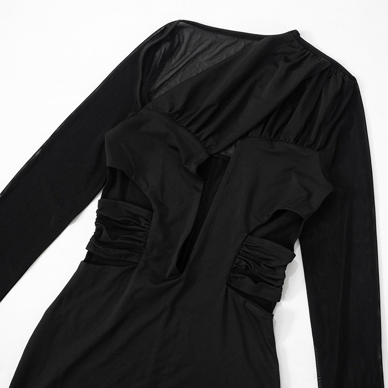 Women's Plunging Neck Cutout Maxi Dress with Long Sleeves