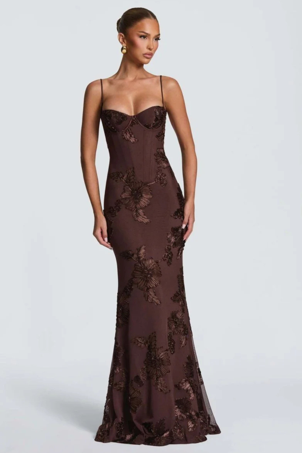 Women’s Maxi Dress with Underwire Corset Bodice and Satin Floral Embroidery