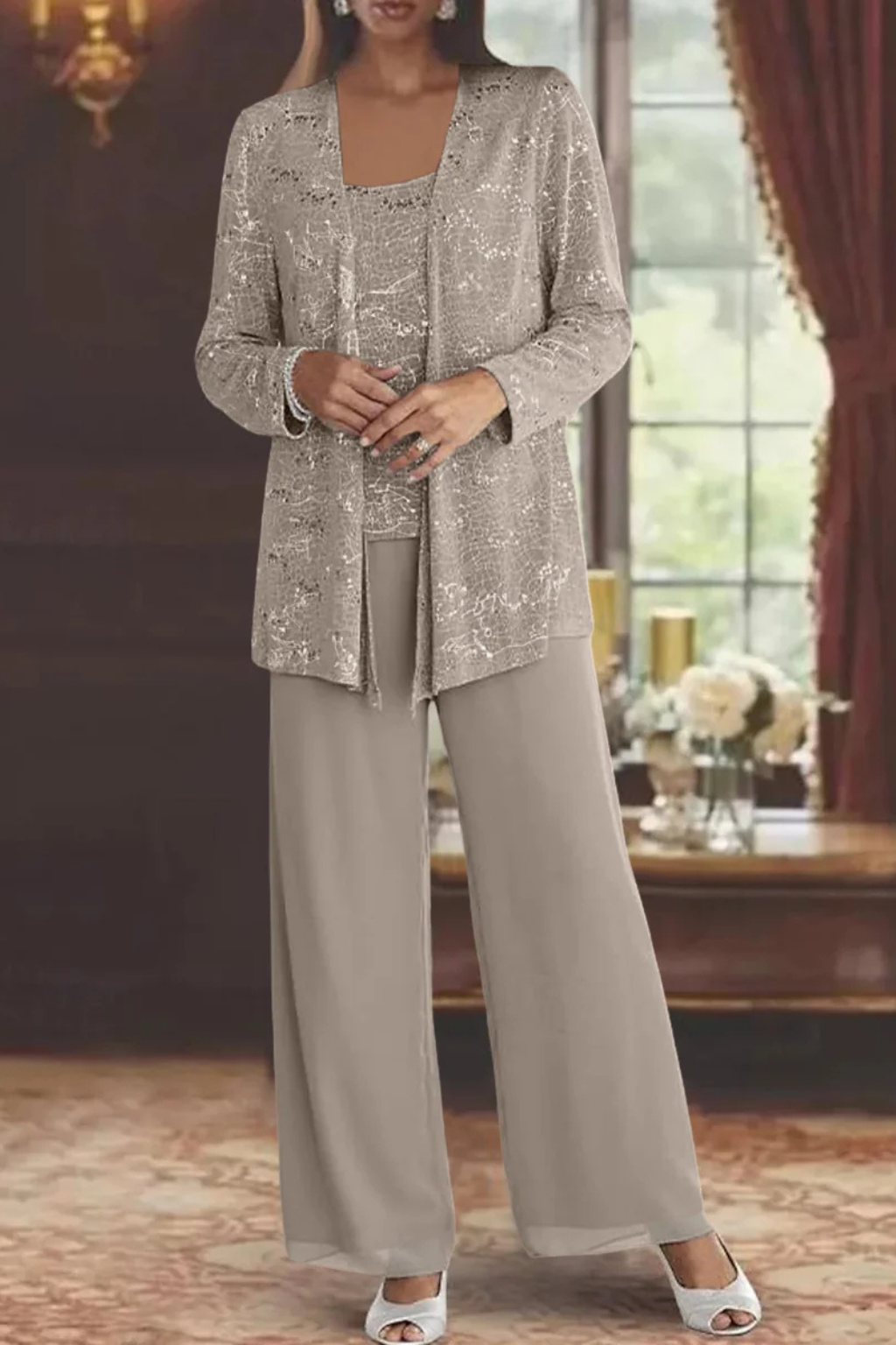 Women’s Three-Piece Pantsuit with Sequin Lace Jacket and Wide-Leg Trousers