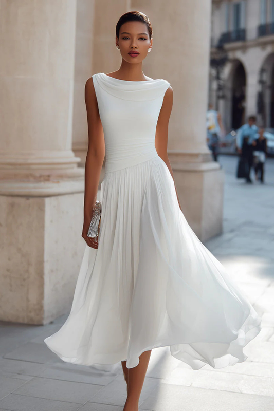 Women’s Midi Dress with Draped Cowl Neckline and Pleated Chiffon Skirt