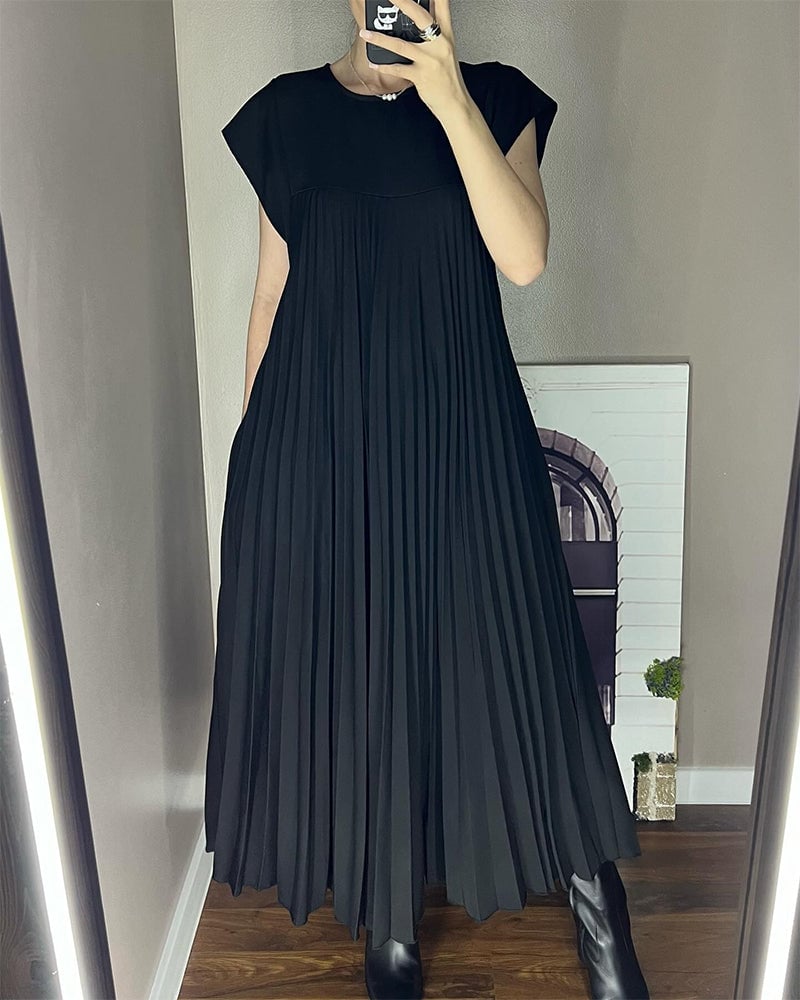 Women's Pleated Maxi Dress with Extended Cap Sleeves and Relaxed Empire Waist