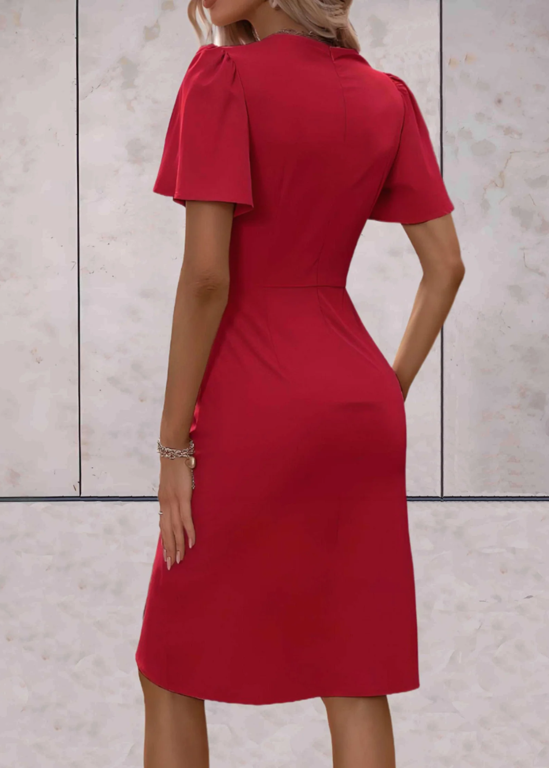 Women’s Wrap Midi Dress with Flutter Sleeves and Ruched Waist Detail