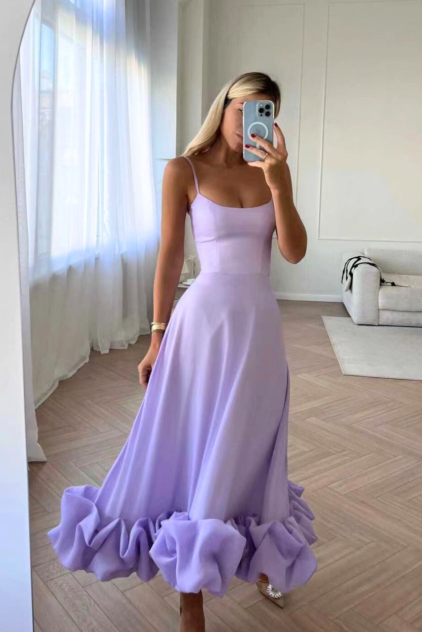 Women’s Maxi Dress with Scoop Neckline and Voluminous Ruffle Hem