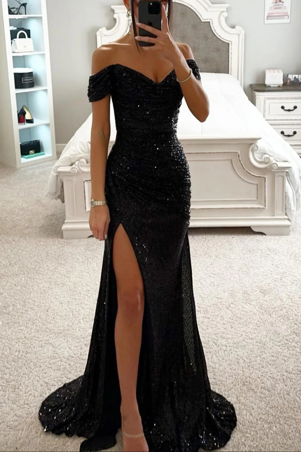Women's Off Shoulder Side Slit Sequin Wedding Guest Maxi Dress