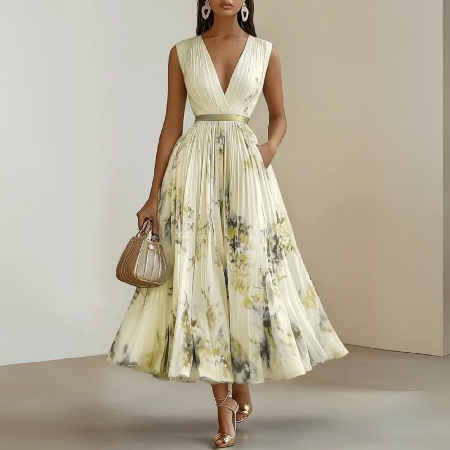 Women’s Pleated Maxi Dress V-Neck Watercolor Print Wedding Guest Gown