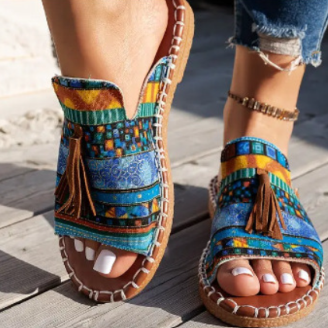 Women’s Flat Sandals with Vintage Tassel Detail and Woven Espadrille Sole