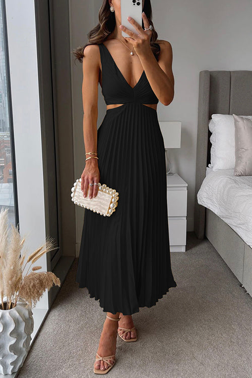 Women’s Pleated Maxi Dress V-Neck Cut-Out Waist Wedding Guest Gown