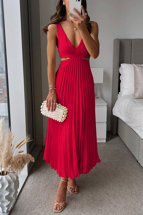 Women’s Pleated Maxi Dress V-Neck Cut-Out Waist Wedding Guest Gown
