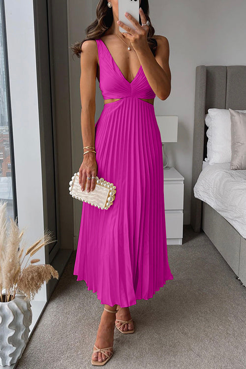 Women’s Pleated Maxi Dress V-Neck Cut-Out Waist Wedding Guest Gown