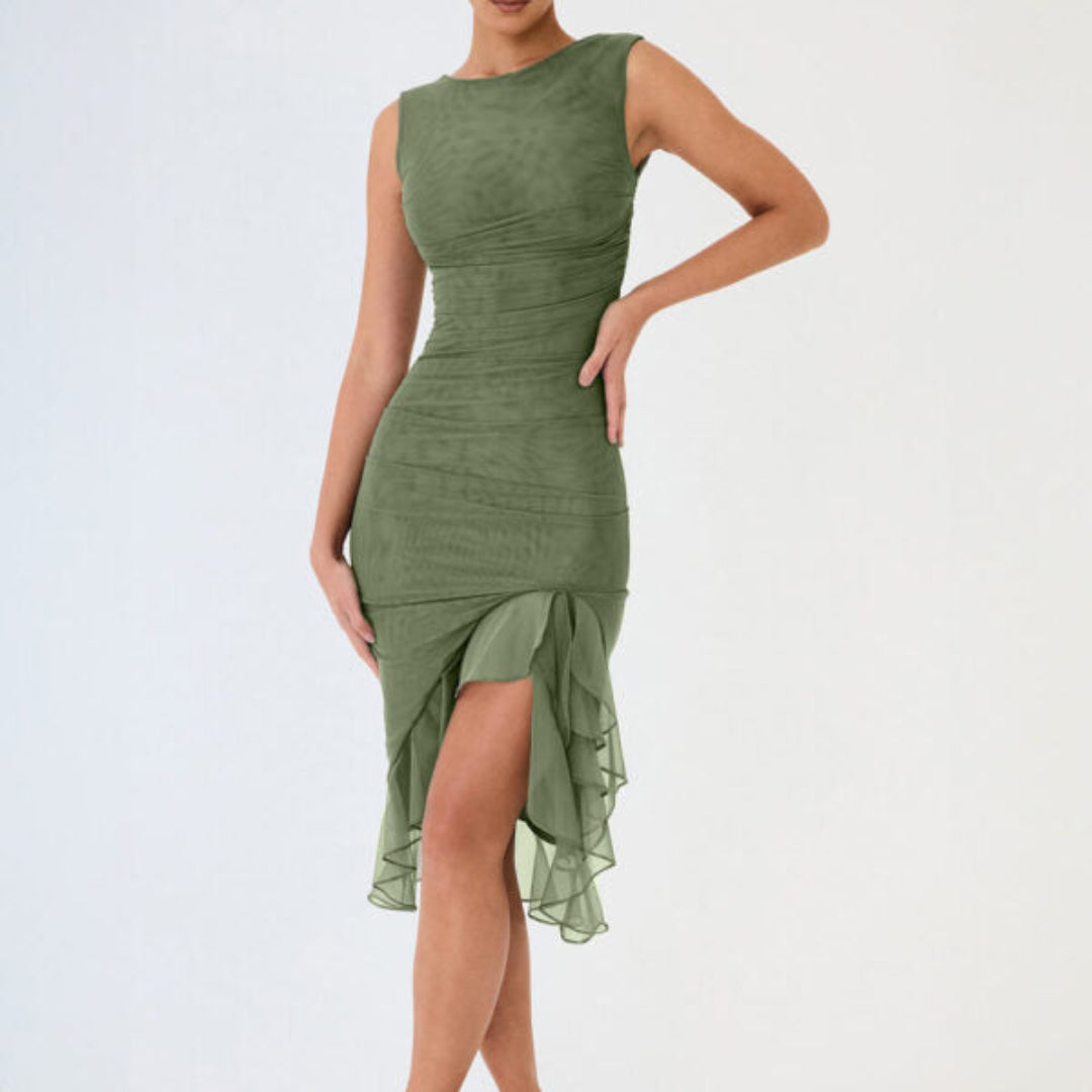 Women’s Ruched Mesh Midi Dress with Asymmetric Ruffle Hem