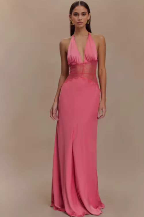Women’s Maxi Dress with Plunging Halter Neckline and Sheer Lace Midriff