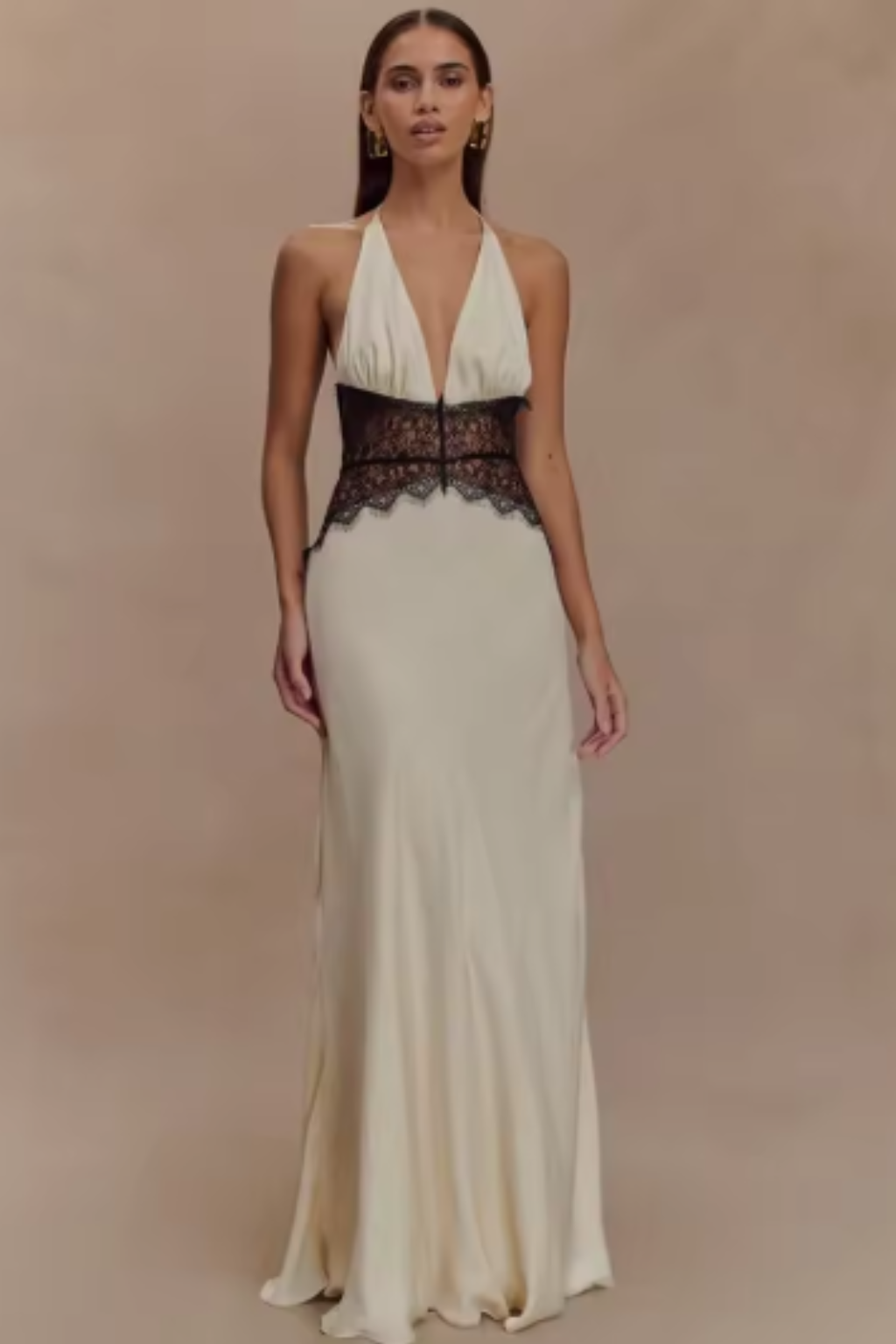 Women’s Maxi Dress with Plunging Halter Neckline and Sheer Lace Midriff