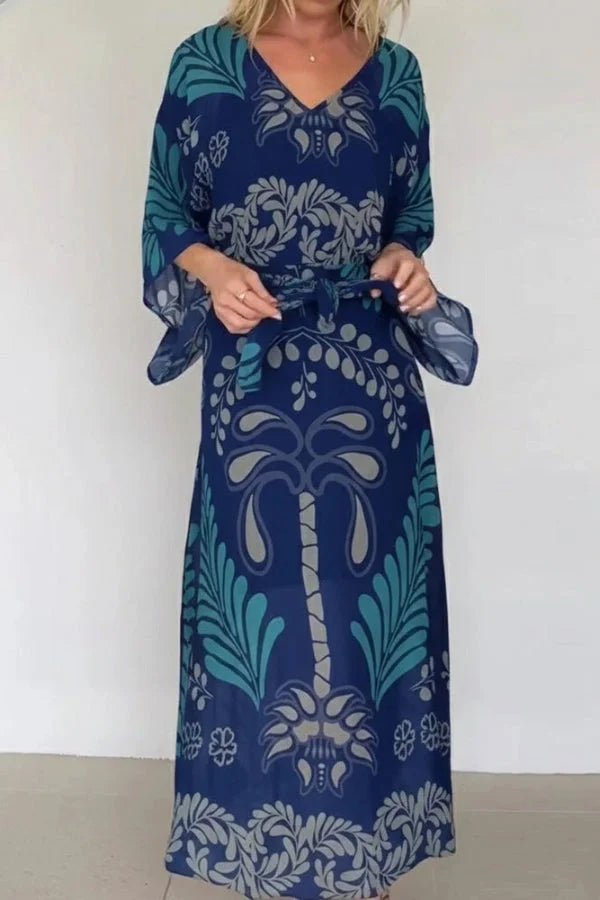 Women’s Chiffon Maxi Kaftan with Bohemian Palm Print and Adjustable Waist Belt