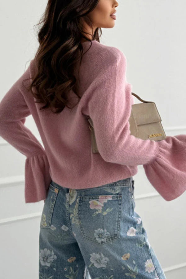 Women’s Crew Neck Sweater with Bell Sleeves and Relaxed Fit Soft Knit Texture