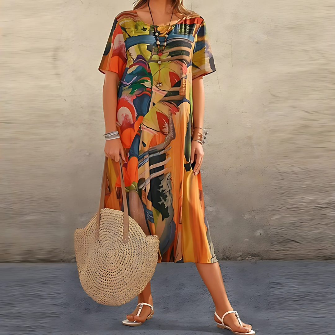 Women's Floral Midi Dress with V-Neckline and Relaxed A-Line Silhouette