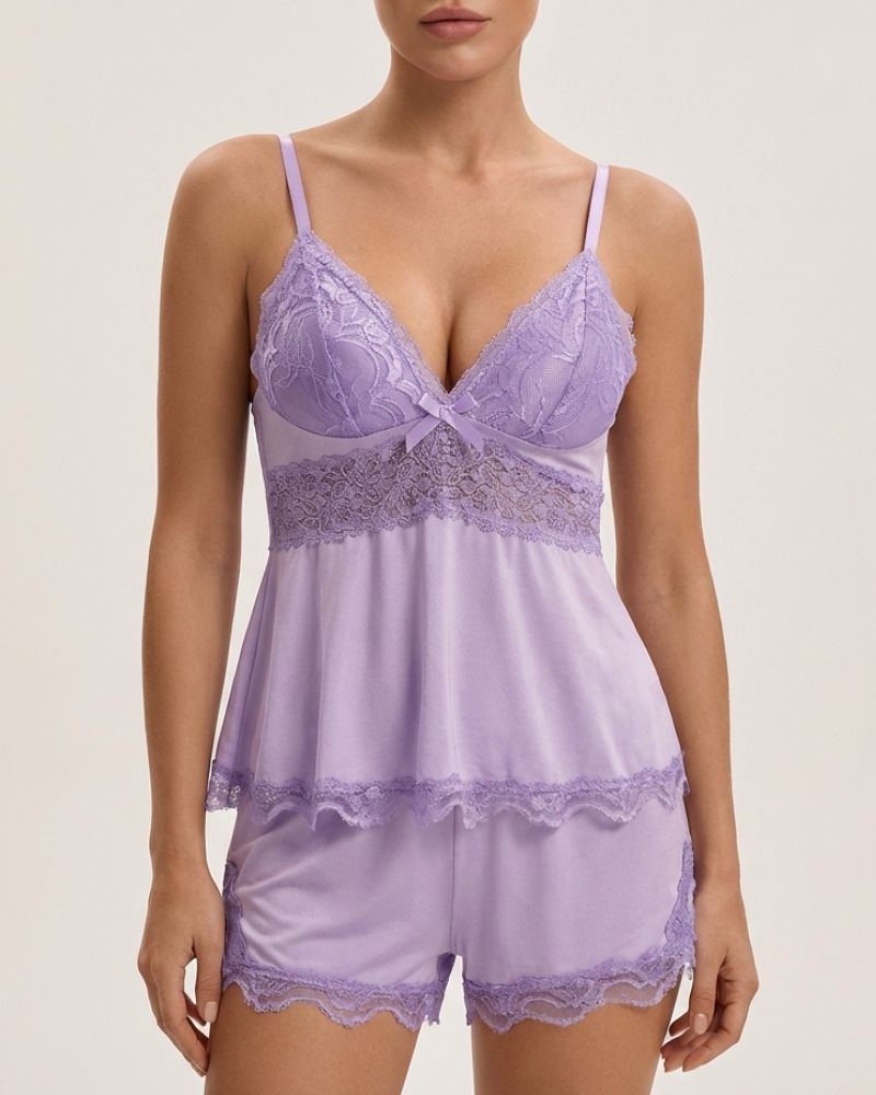 Women’s Pajama Set with Floral Lace Trim and Adjustable Straps