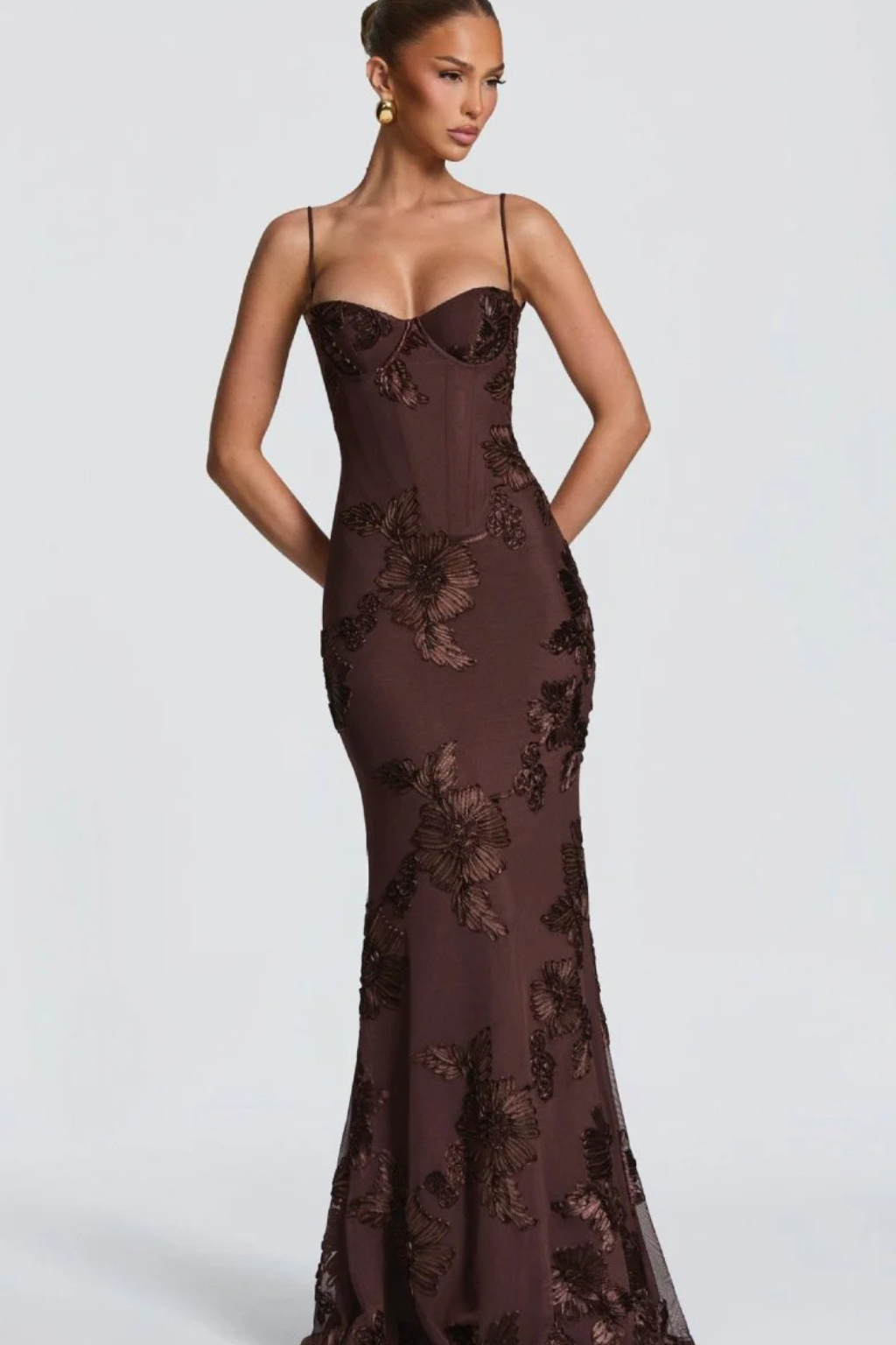 Women’s Maxi Dress with Underwire Corset Bodice and Satin Floral Embroidery