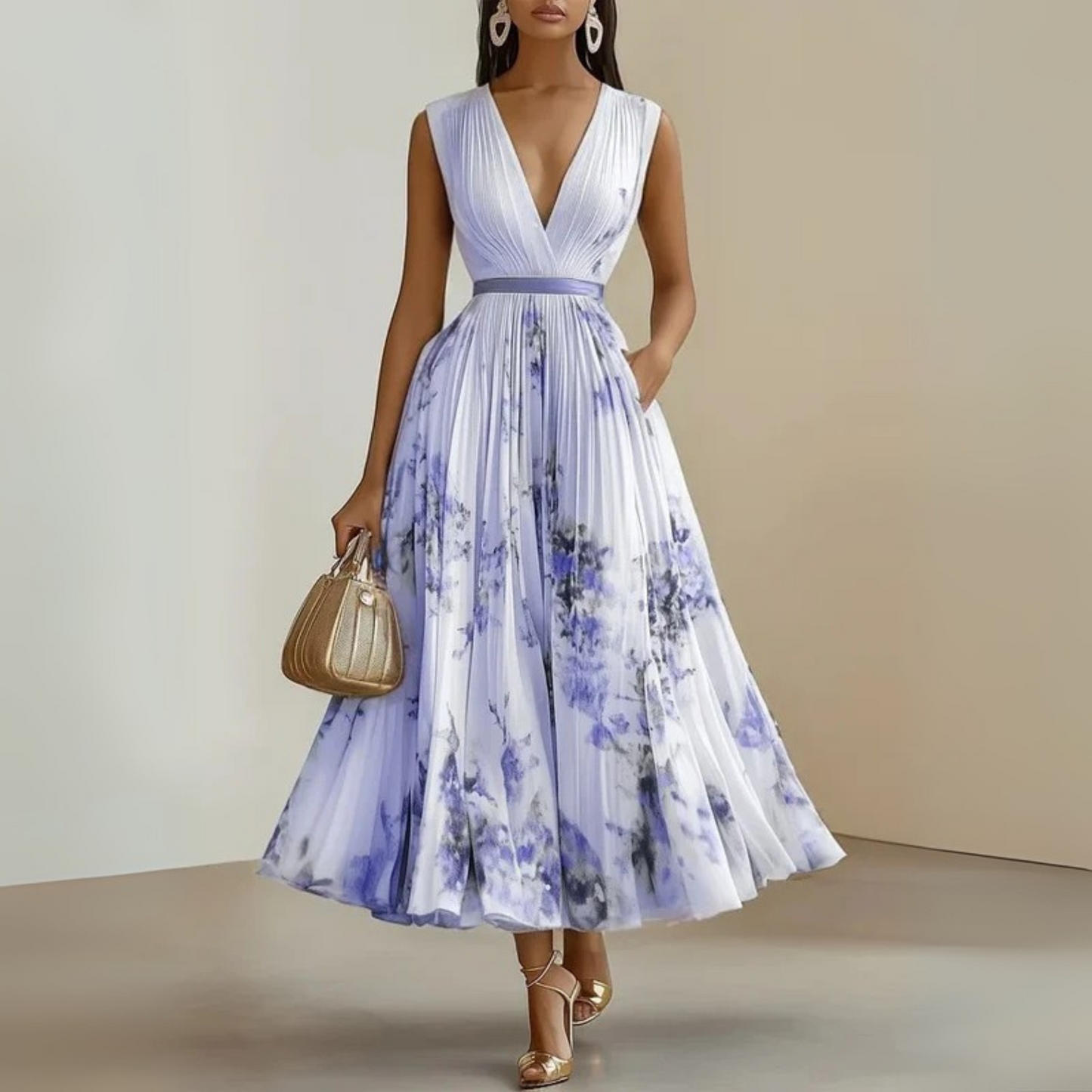 Women’s Pleated Maxi Dress V-Neck Watercolor Print Wedding Guest Gown