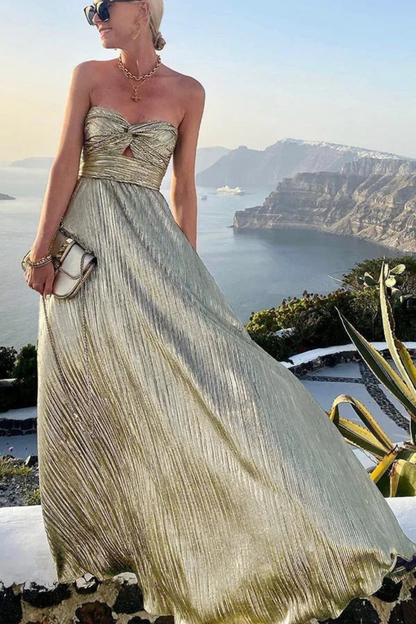 Women's Strapless Twist Front Pleated Wedding Guest Maxi Dress