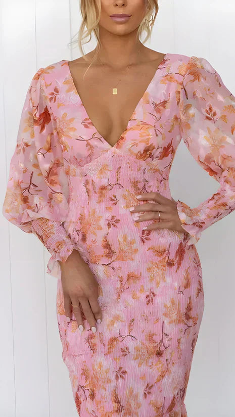 Women’s Floral Midi Dress with Smocked Body and Sheer Long Balloon Sleeves