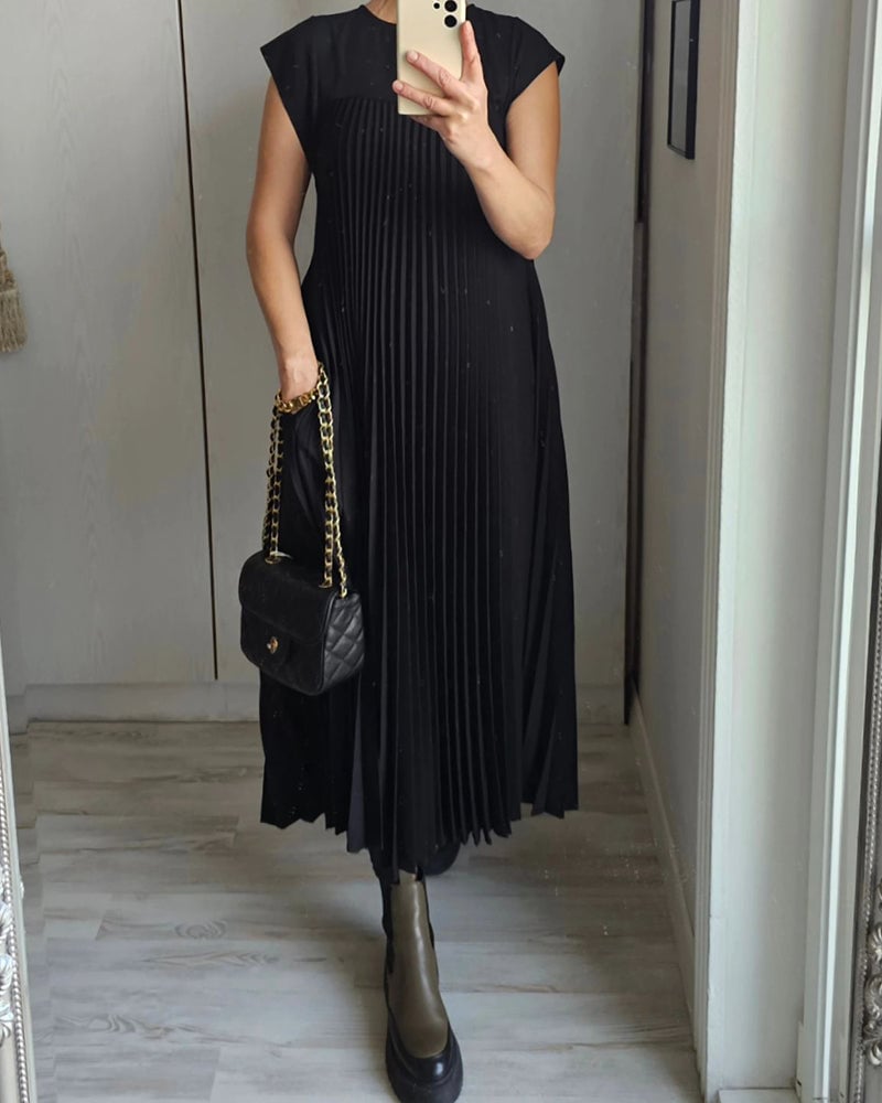 Women's Pleated Maxi Dress with Extended Cap Sleeves and Relaxed Empire Waist