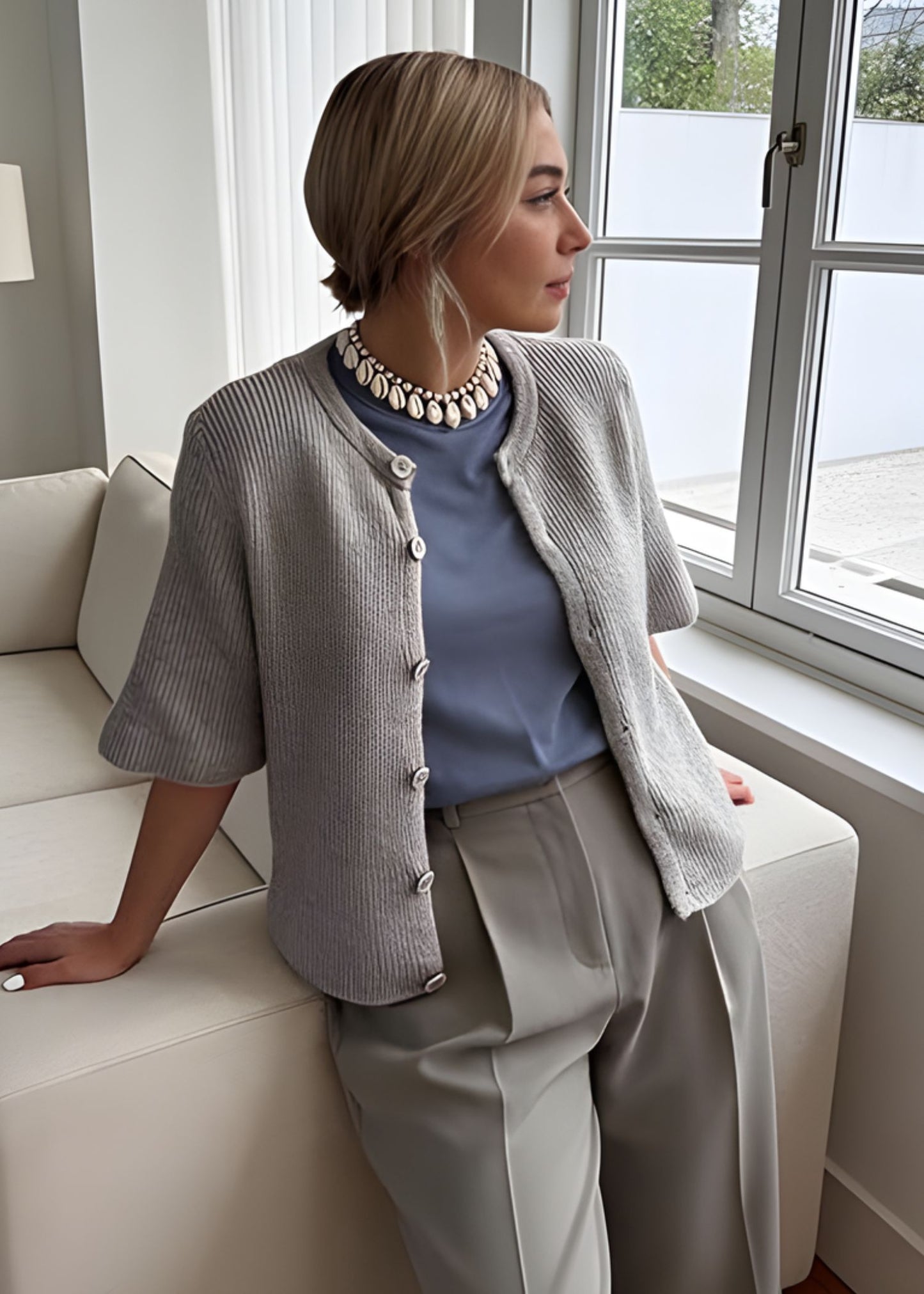 Women’s Short Sleeve Knit Cardigan with Ribbed Texture and Button-Down Front