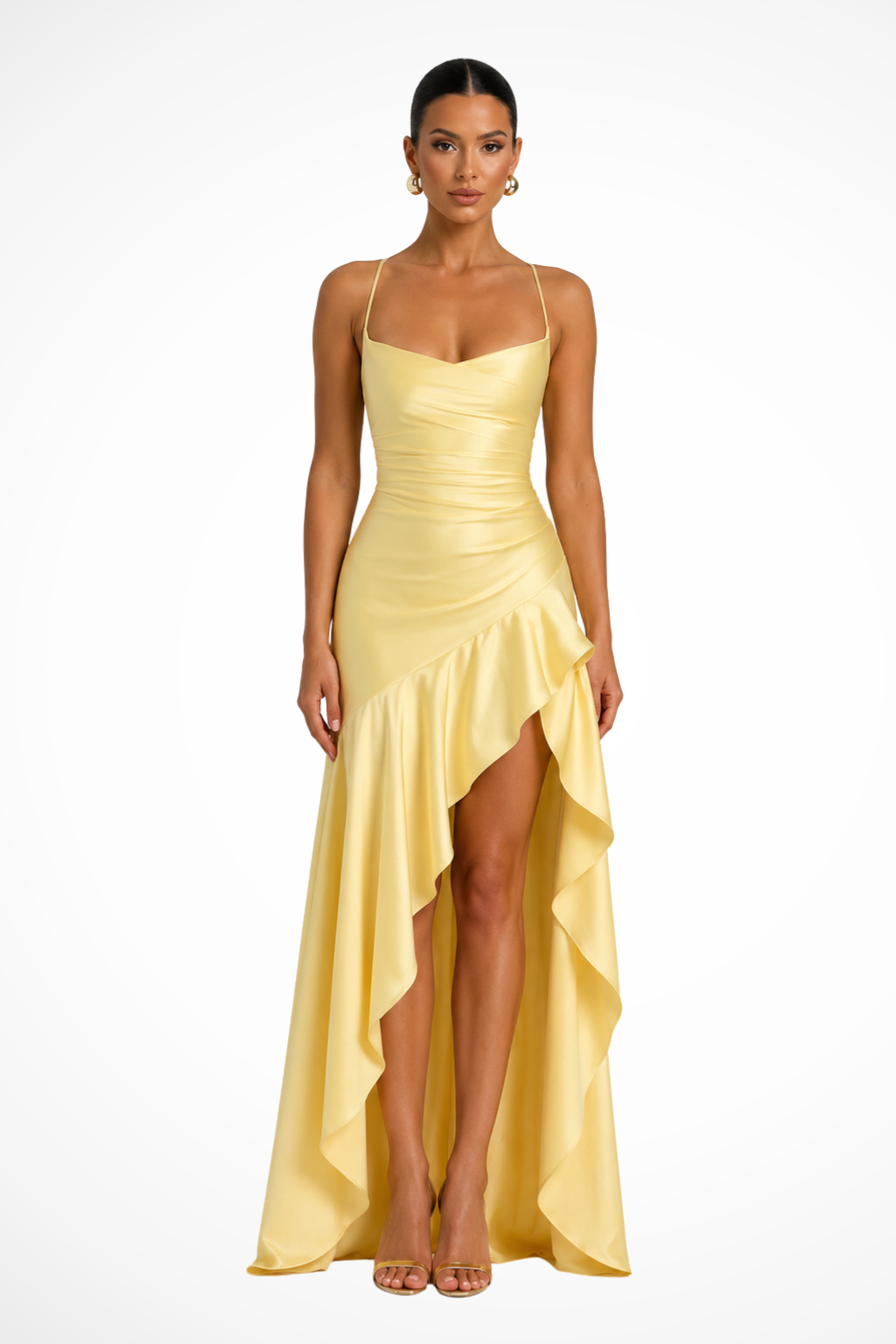 Women's Cowl Neck Side Slit Ruffle Wedding Guest Satin Maxi Dress
