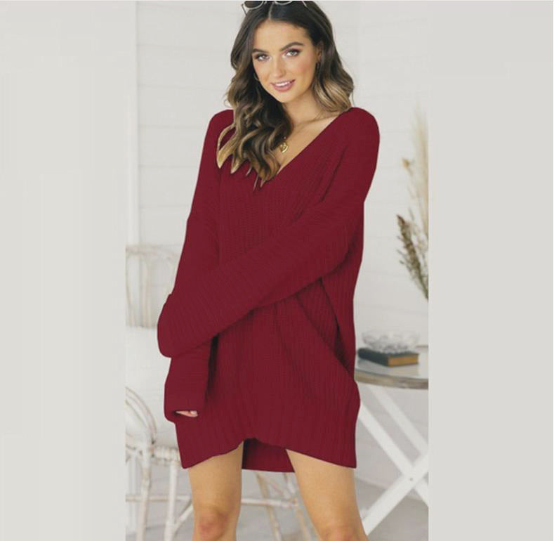Women's Oversized V-Neck Sweater Dress with Long Sleeves