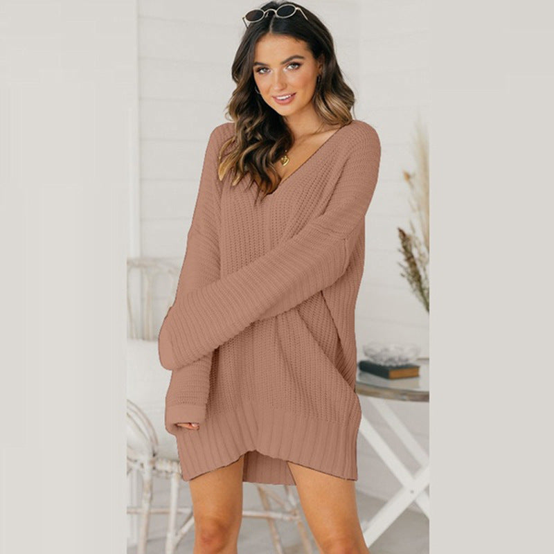 Women's Oversized V-Neck Sweater Dress with Long Sleeves