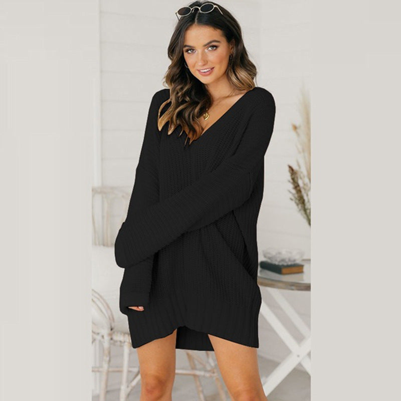 Women's Oversized V-Neck Sweater Dress with Long Sleeves
