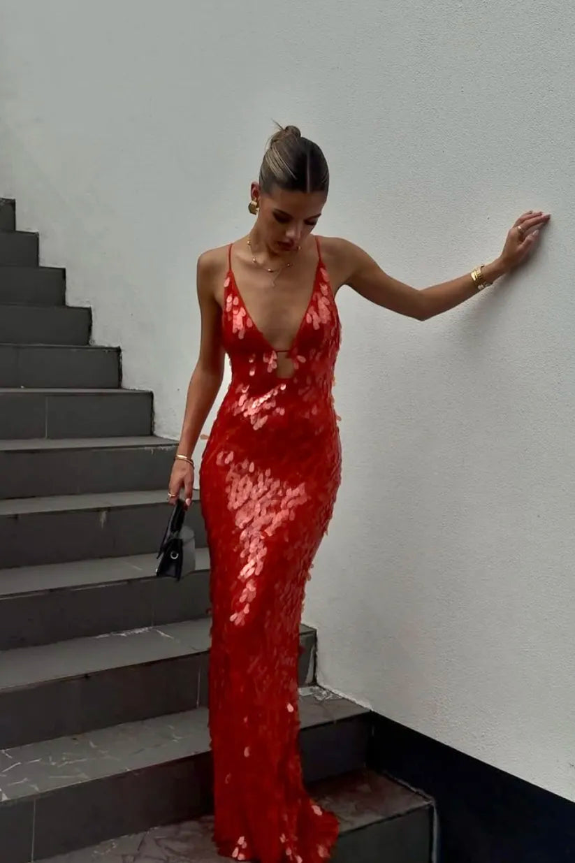 Women’s Sequin Maxi Dress Plunging V-Neck Backless Evening Gown